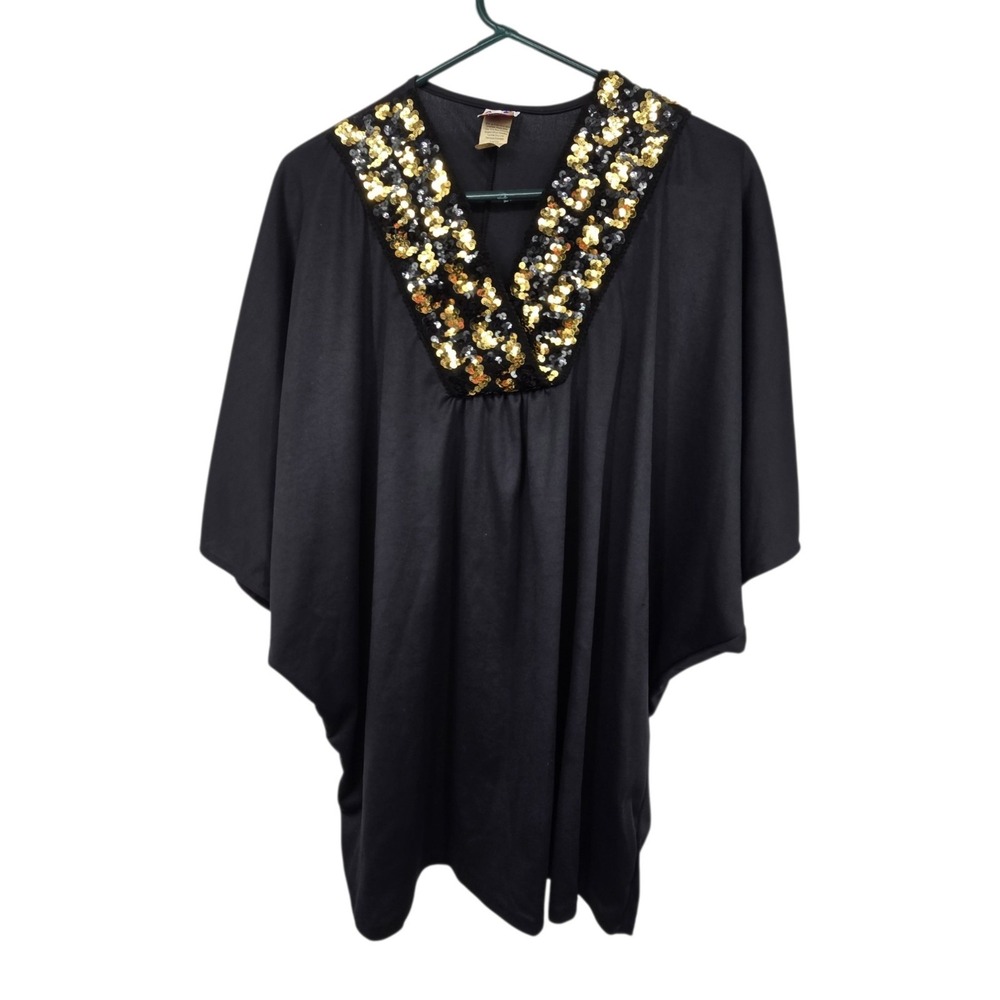 Vintage 90s Batwing Gold Embellished V-Neck Tunic Top Women OS Black Whimsigoth